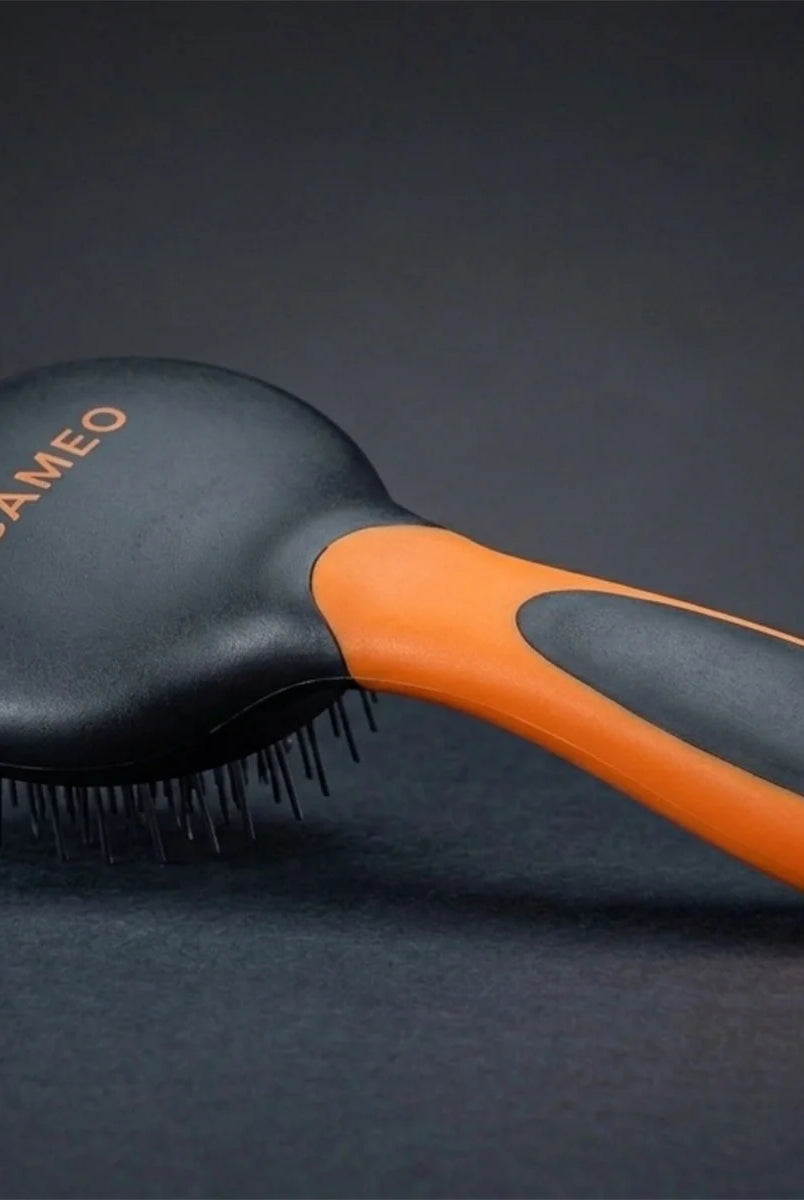 CAMEO Mane & Tail Brush in Orange on a studio background showing the cushioned round paddle head and flexible pins.
