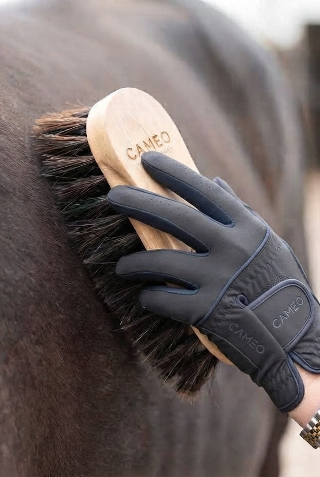 A close-up photograph shows a gloved hand, wearing a dark grey equestrian glove with 'CAMEO' branding on the wrist strap and knuckles, holding a wooden brush against the dark brown coat of a horse. The brush has dark, stiff bristles and is clearly marked with the 'CAMEO' logo on its wooden back. A two-tone watch (gold and silver) is visible on the wrist above the glove. The background is a softly blurred view of a stable aisle