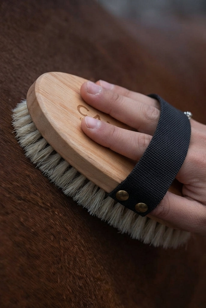 An in-use product shot of the CAMEO wooden body brush from the product range, featuring natural soft bristles, a black woven hand strap secured with brass studs, and visible branding stamped on the polished wooden back, as it is being used to groom the coat of a brown horse.
