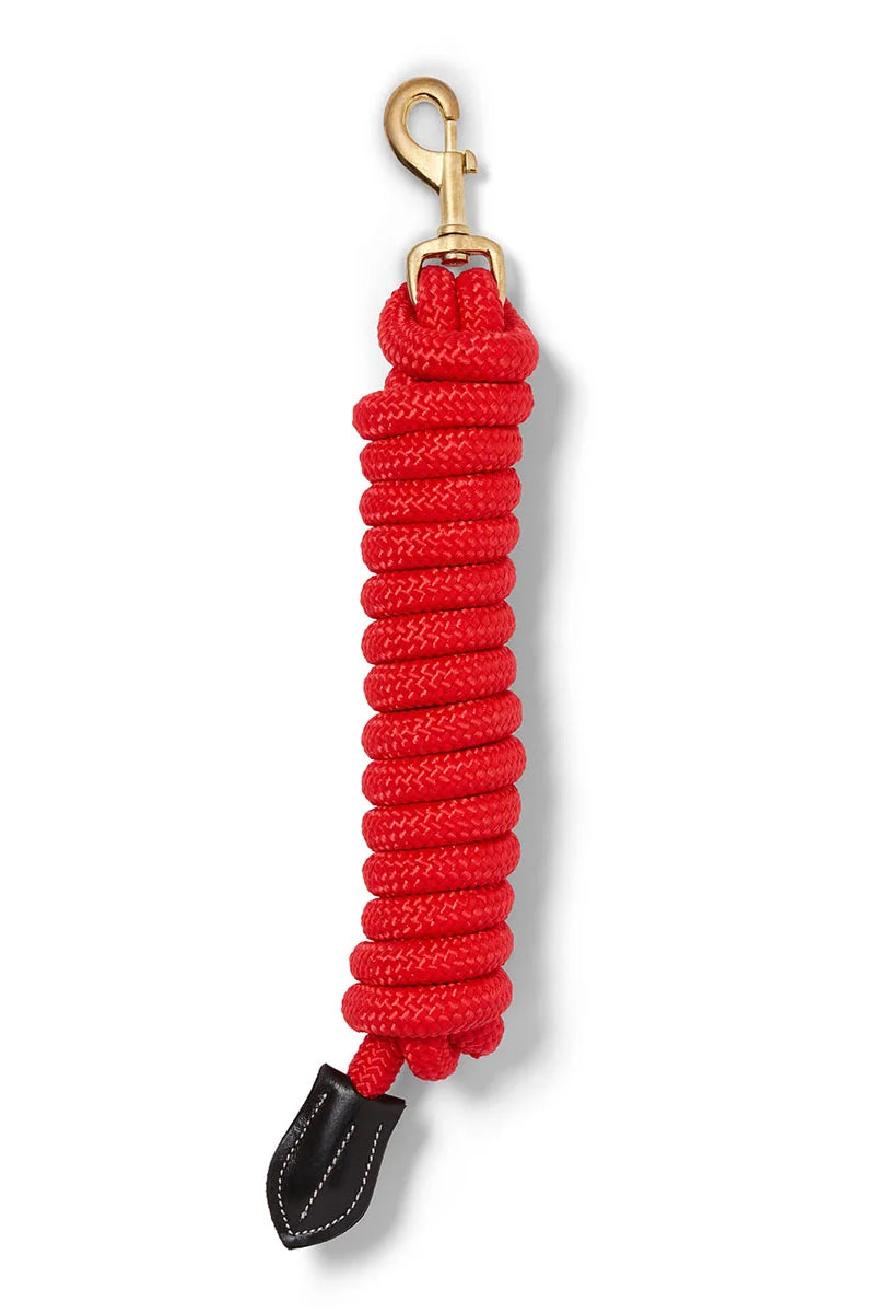 CAMEO Performance Lasso Rope in Red shown coiled on a white background, showcasing the 16mm multi-filament braided yachting rope, heavy-duty brass swivel trigger snap, and stitched leather popper engineered for burn-free grip, youngstock education, and natural horsemanship groundwork control.