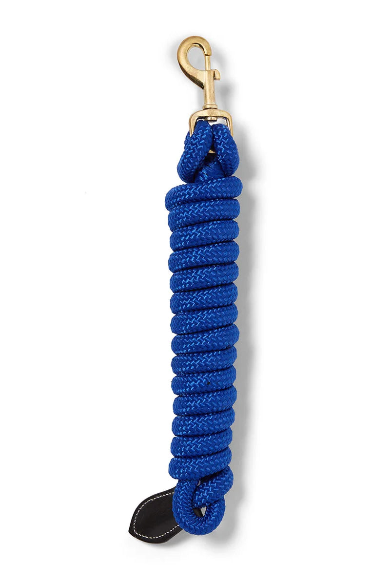 CAMEO Performance Lasso Rope in Royal shown coiled on a white background, showcasing the 16mm multi-filament braided yachting rope, heavy-duty brass swivel trigger snap, and stitched leather popper engineered for burn-free grip, youngstock education, and natural horsemanship groundwork control.