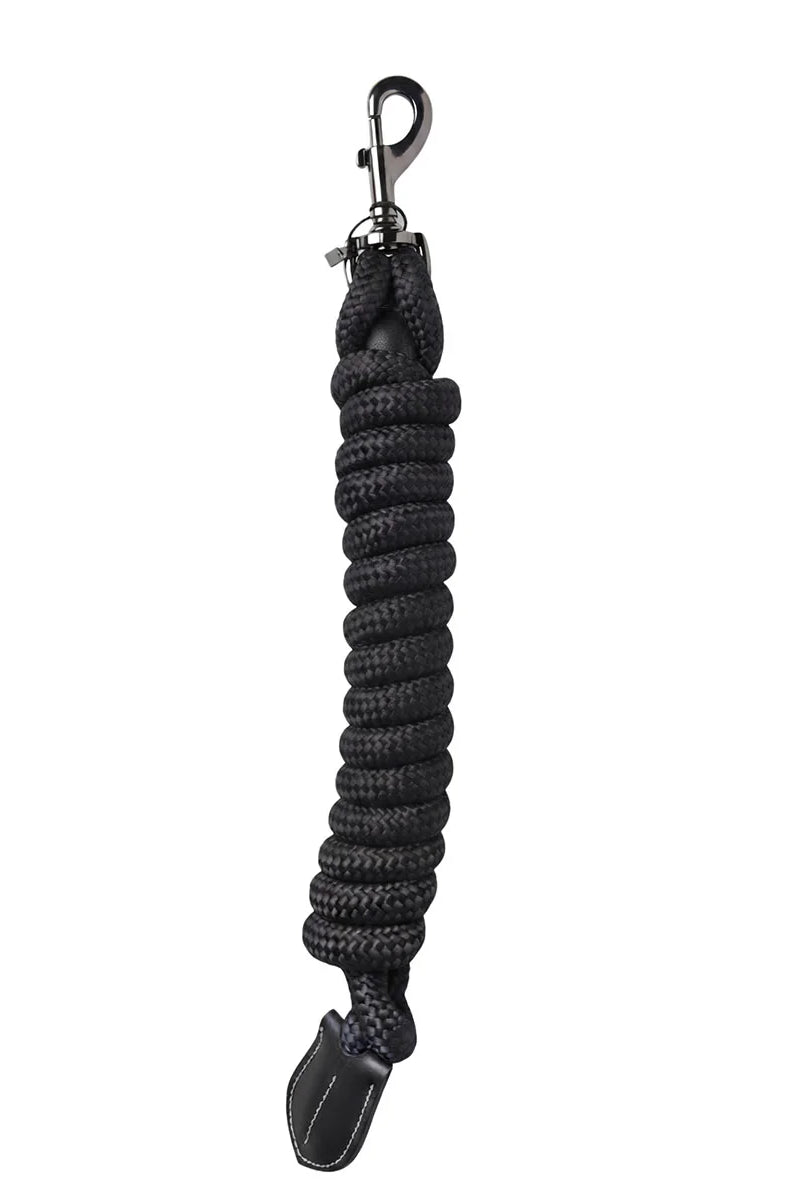 CAMEO Performance Lasso Rope in Black shown coiled on a white background, showcasing the 16mm multi-filament braided yachting rope, heavy-duty swivel trigger snap, and stitched leather popper engineered for burn-free grip, youngstock education, and natural horsemanship groundwork control.