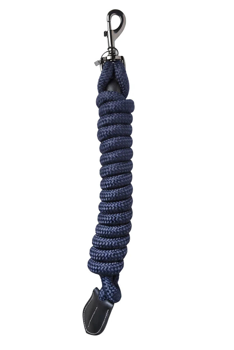 CAMEO Performance Lasso Rope in Navy shown coiled on a white background, showcasing the 16mm multi-filament braided yachting rope, heavy-duty swivel trigger snap, and stitched leather popper engineered for burn-free grip, youngstock education, and natural horsemanship groundwork control.