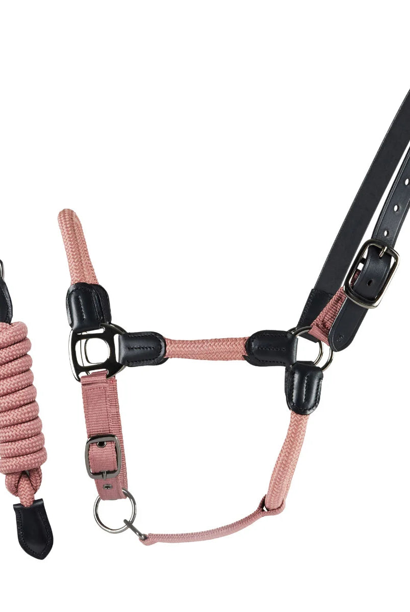 CAMEO Rope Leather Headcollar and Leadrope in Dusky Pink showcasing braided yachting rope, black leather poll strap, and gunmetal hardware, complete with a matching coiled leadrope and trigger clip for sensitive groundwork control and stableyard travel.