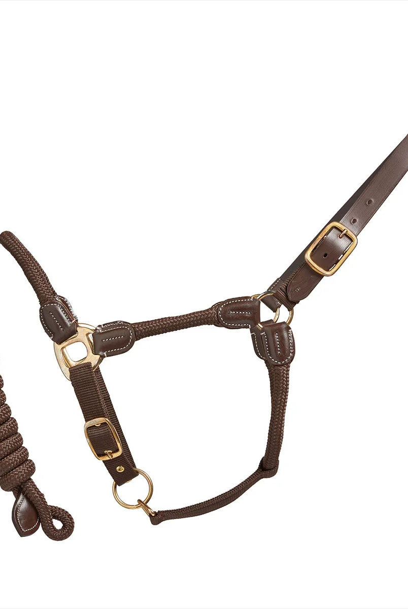 CAMEO Rope Leather Headcollar and Leadrope in Chocolate Brown showcasing braided yachting rope, rich brown leather poll strap, and solid brass hardware, complete with a matching coiled leadrope and trigger clip for sensitive groundwork control and stable travel.