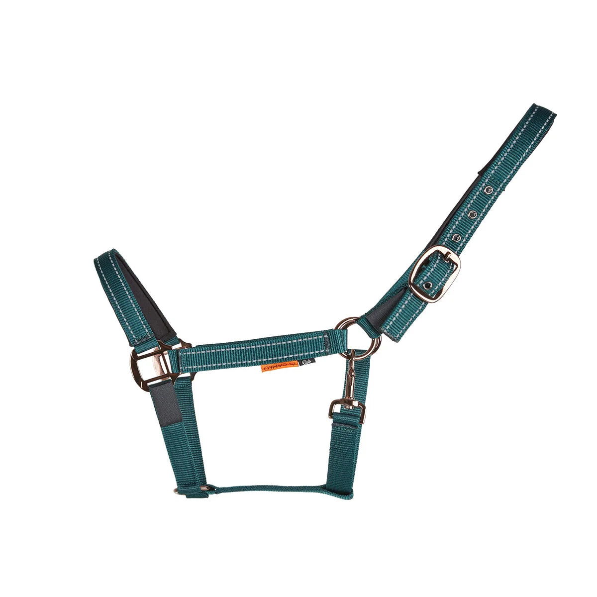 CAMEO Sentinel FieldSafe Headcollar in EverGreen shown flat-lay, showcasing the dual reflective safety stripes, Cacao bronze-tone buckle, and anti-rub neoprene padding engineered for 2-in-1 breakaway turnout safety and low-light night catching.