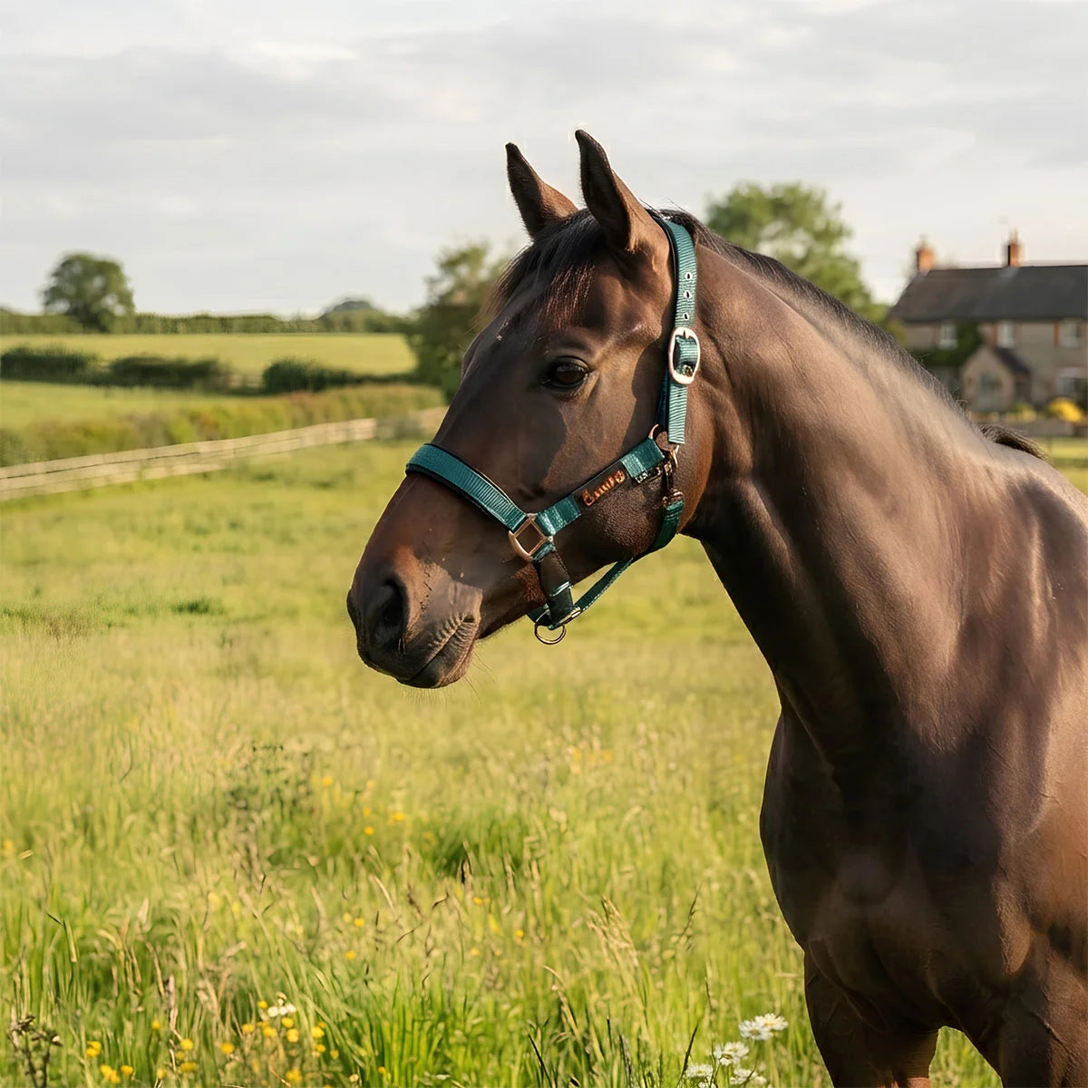 FieldSafe Headcollar in EverGreen worn by a bay horse in a meadow, showcasing the reflective safety webbing, anti-rub neoprene padding, and Cacao bronze hardware engineered for breakaway paddock safety and nighttime visibility.