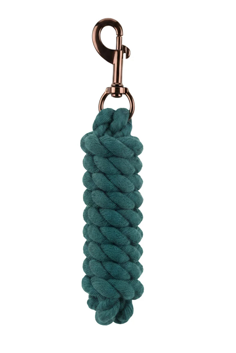 CAMEO Soft Polycotton Leadrope in EverGreen shown coiled on a white background, showcasing the tightly twisted 3-strand weave and signature Cacao bronze swivel trigger snap engineered for burn-free hand comfort, non-slip grip, and dependable control during daily stable duties and horse turnout.