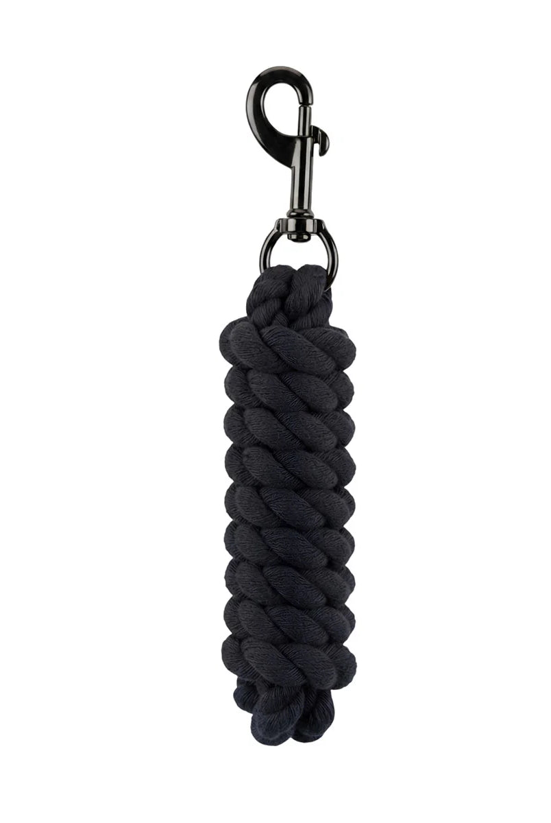 CAMEO Soft Polycotton Leadrope in Black shown coiled on a white background, showcasing the tightly twisted 3-strand weave and sleek matte black swivel trigger snap engineered for burn-free hand comfort, non-slip grip, and dependable control during daily stable duties, leading, and horse turnout.
