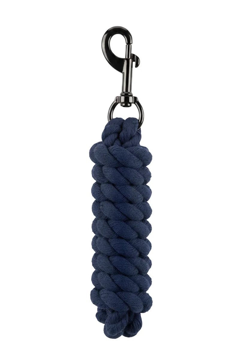 CAMEO Soft Polycotton Leadrope in Navy shown coiled on a white background, showcasing the tightly twisted 3-strand weave and sleek matte black swivel trigger snap engineered with soft cotton fibres for burn-free hand comfort, non-slip grip, and dependable control during daily stable duties and turnout.