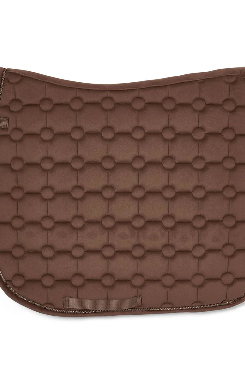 CAMEO Suede Dressage Saddlecloth in Chocolate Brown showcasing a straight-cut square profile, swan-neck high wither clearance, geometric circle-quilt pattern, and rope piping engineered with breathable foam for shock absorption, moisture-wicking comfort, and dressage saddle stability.