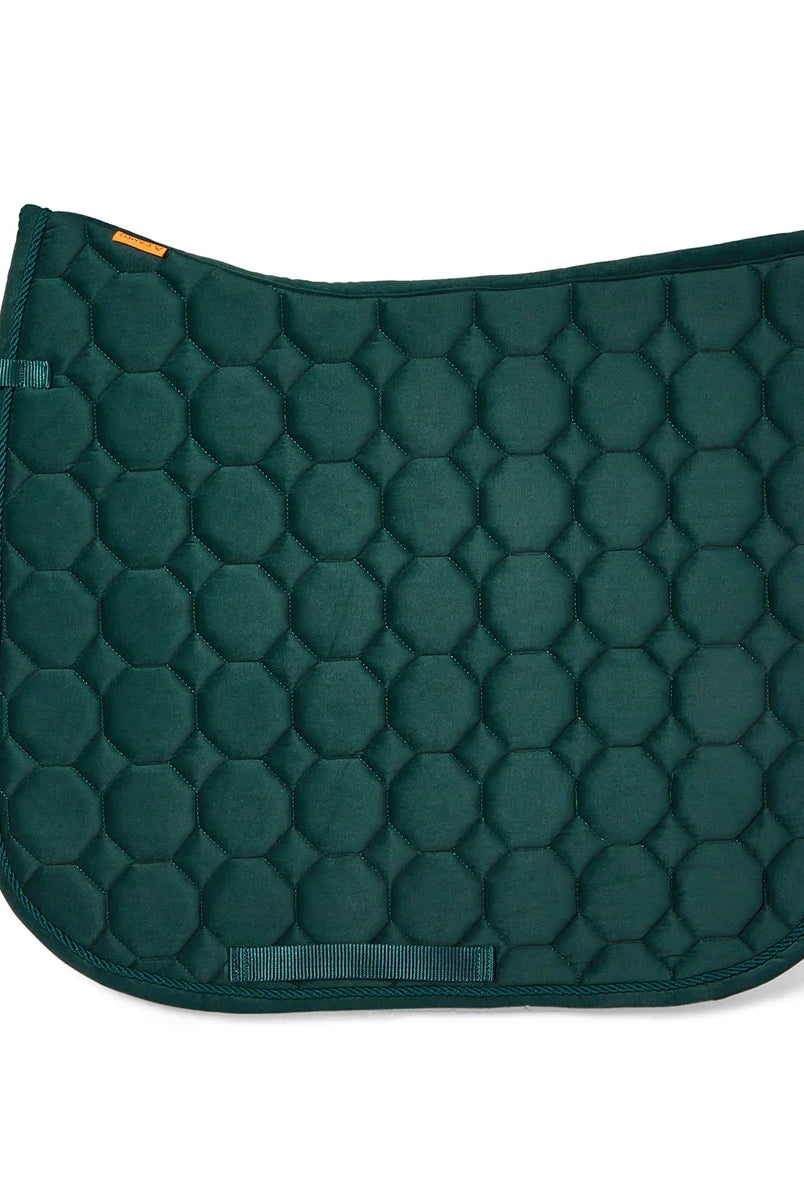 CAMEO Suede Dressage Saddlecloth in Evergreen showcasing a straight-cut square profile, anatomical swan-neck high wither clearance, hexagonal honeycomb quilting, and rope piping engineered with breathable foam for shock absorption, moisture-wicking comfort, and dressage saddle stability.