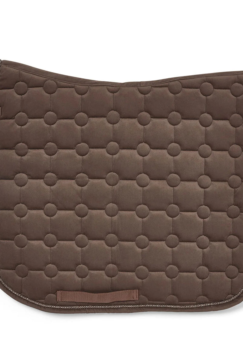 CAMEO Suede Dressage Saddlecloth in Mocha showcasing a straight-cut square profile, anatomical swan-neck high wither clearance, geometric circle-quilt design, and rope piping engineered with breathable foam for shock absorption, moisture-wicking comfort, and dressage saddle stability.