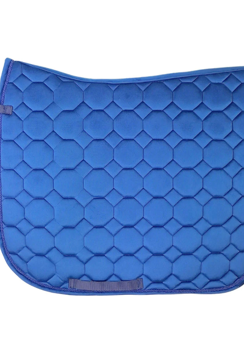CAMEO Suede Dressage Saddlecloth in Navy showcasing a straight-cut square profile, anatomical swan-neck high wither clearance, hexagonal honeycomb quilting, and tonal rope piping engineered with breathable foam for shock absorption, moisture-wicking comfort, and dressage saddle stability.
