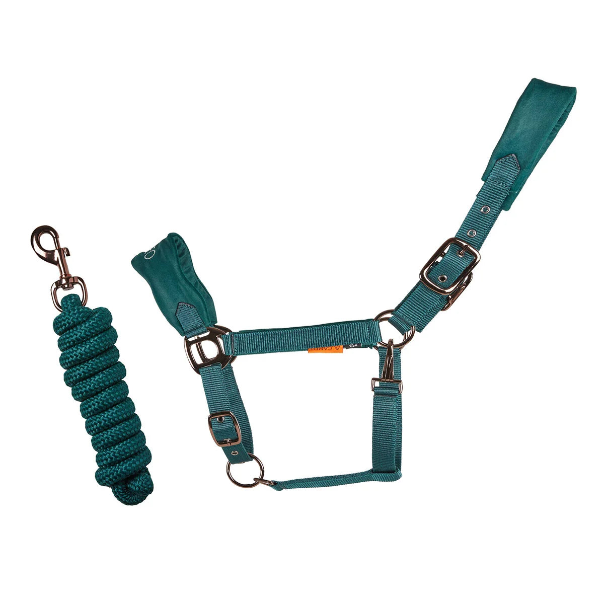 CAMEO Suede Elite Headcollar & Rope set in Evergreen shown on a white background, showcasing the broad padded micro-suede noseband, plush crown lining, Cacao bronze hardware, and matching twisted leadrope engineered for nasal pressure dispersal, anti-rub poll comfort, and luxury equestrian travel.