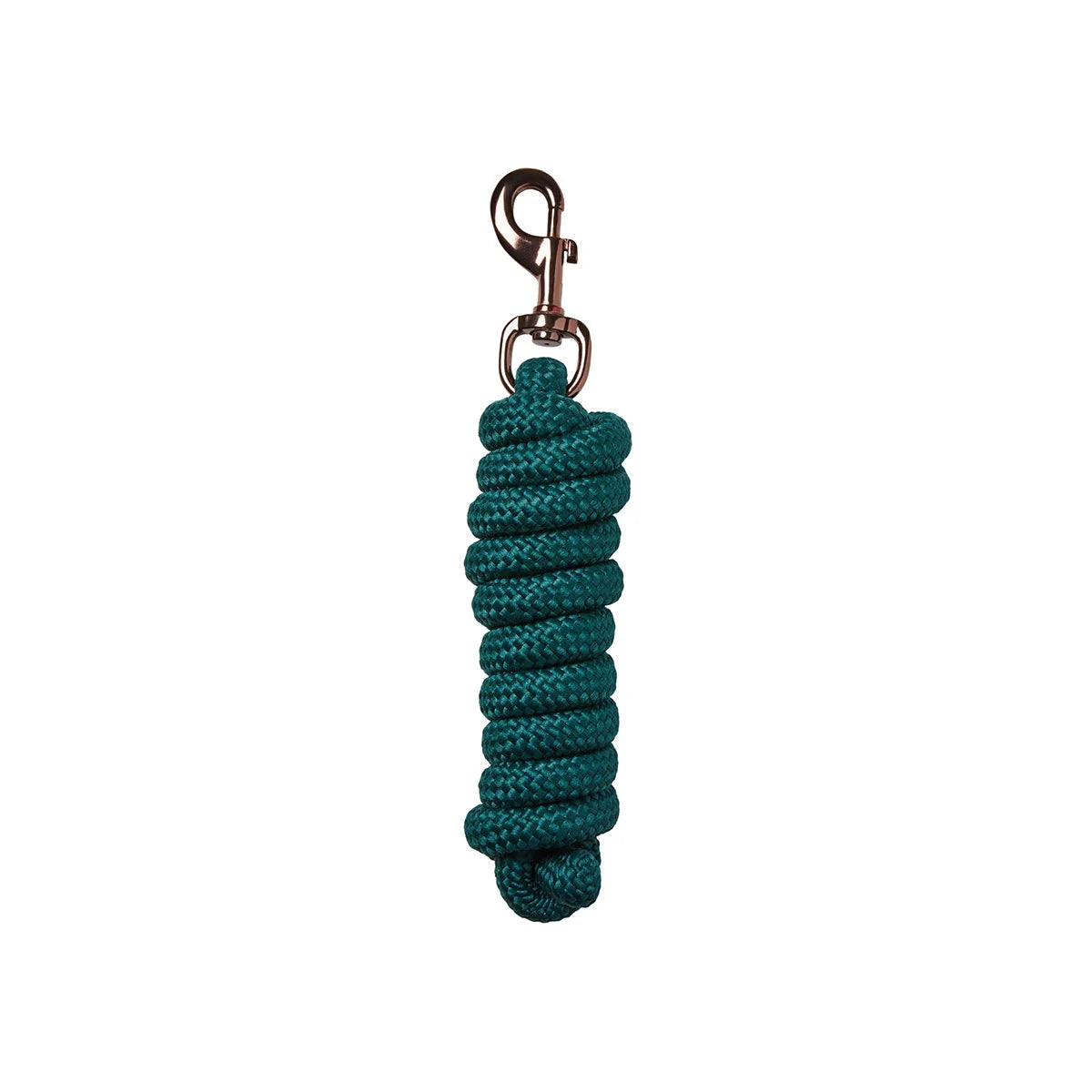 CAMEO Suede Elite Headcollar & Rope set in Evergreen showcasing the matching 2.0m coiled twisted polycotton leadrope with a signature Cacao bronze swivel trigger snap, engineered for a secure, burn-free grip, tangle prevention, and coordinated luxury handling during stable duties and show travel.