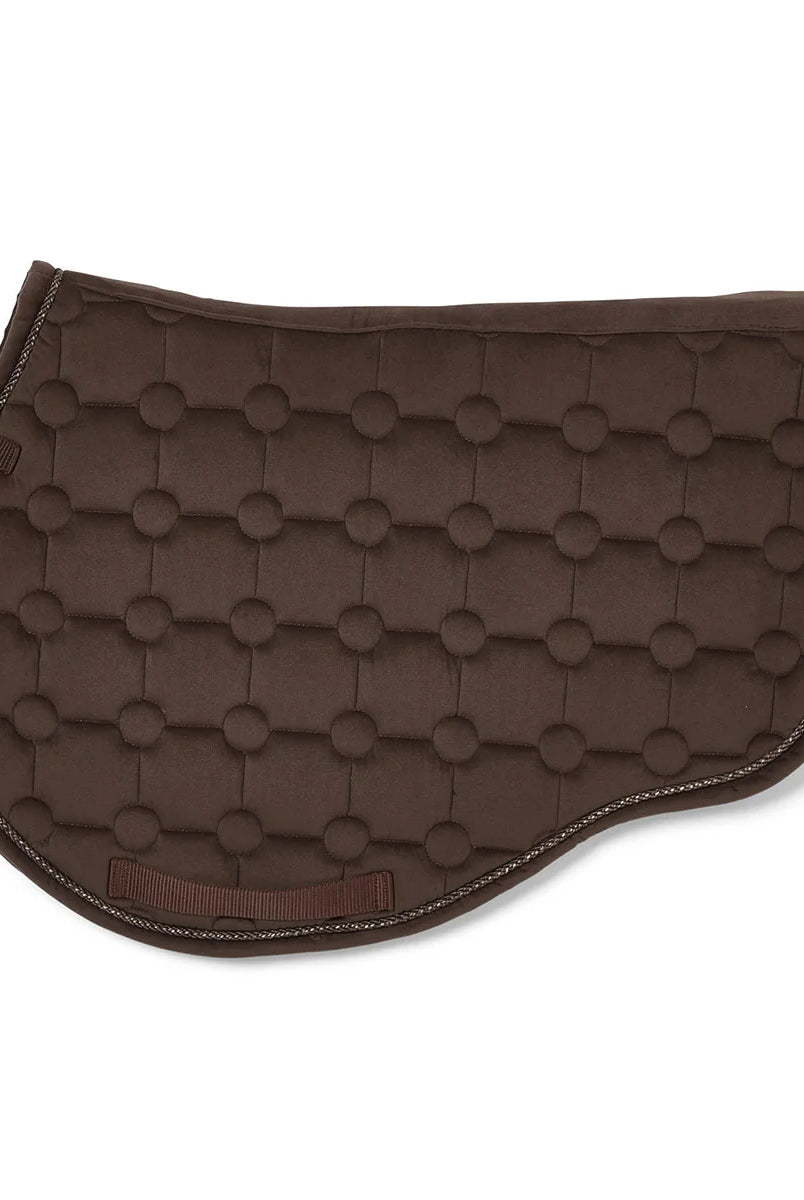 CAMEO Suede GP & Jump Saddlecloth in Chocolate Brown showcasing the forward-cut silhouette, swan-neck high wither clearance, geometric quilting, and rope piping engineered for shock absorption, moisture-wicking comfort, and jump saddle stability.