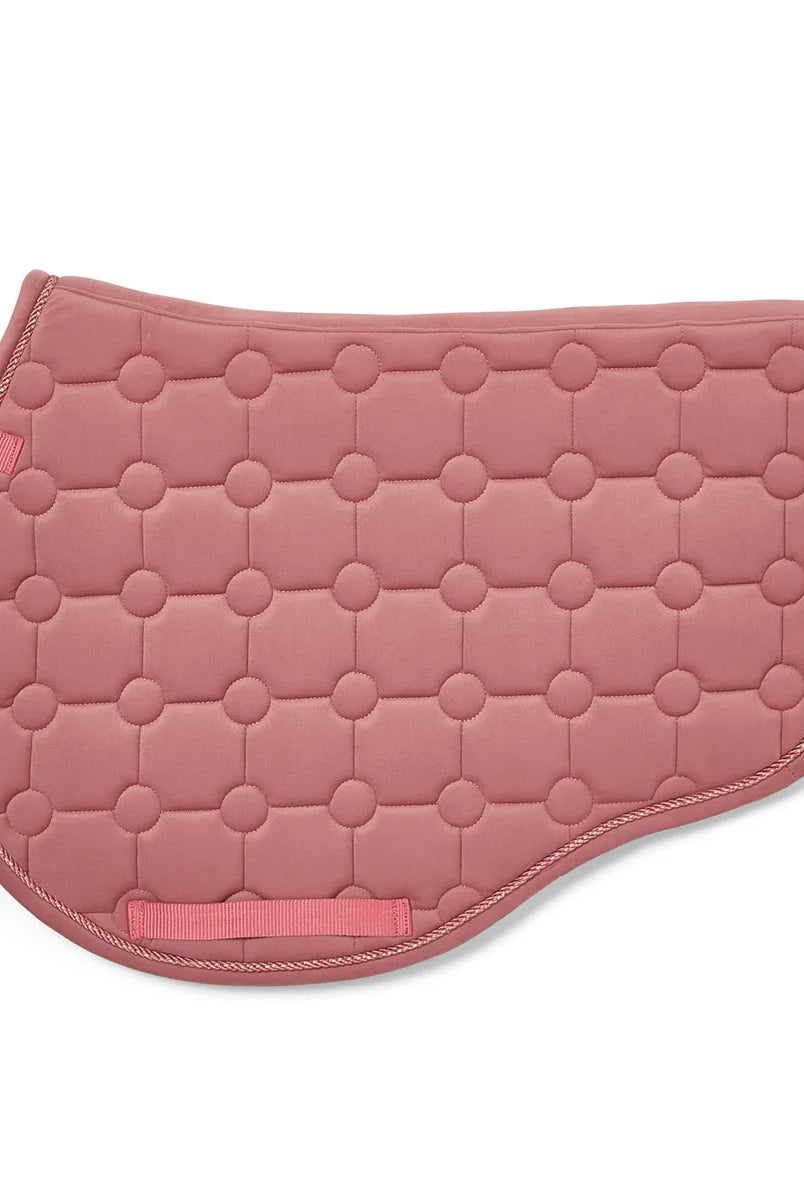 CAMEO Suede GP & Jump Saddlecloth in Dusky Pink showcasing the forward-cut silhouette, swan-neck high wither clearance, geometric circle-quilt design, and rope piping engineered for shock absorption, moisture-wicking comfort, and jump saddle stability.