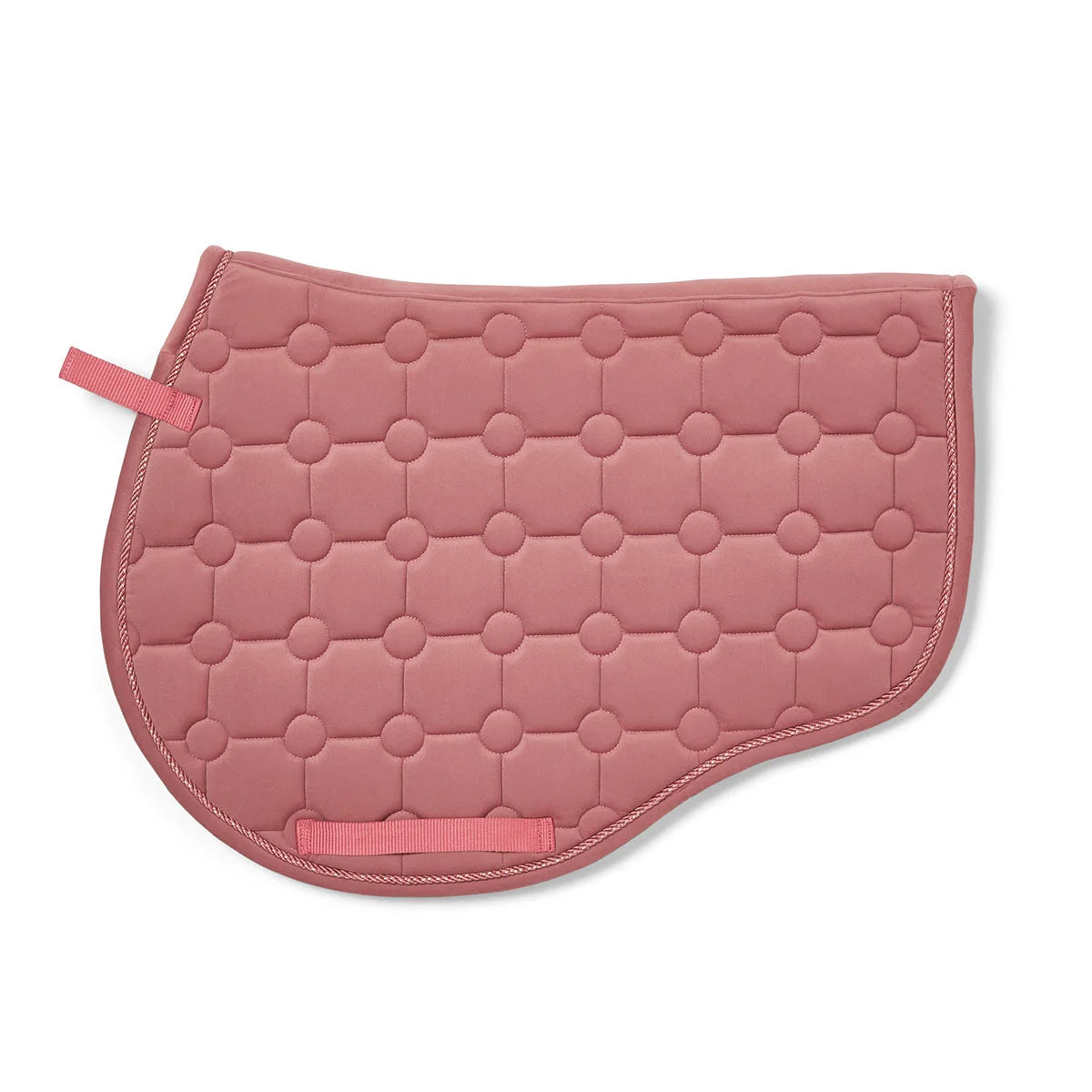 CAMEO Suede GP & Jump Saddlecloth in Dusky Pink showcasing the forward-cut silhouette, swan-neck high wither clearance, geometric circle-quilt design, and rope piping engineered for shock absorption, moisture-wicking comfort, and jump saddle stability.