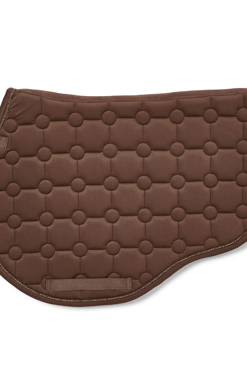 CAMEO Suede GP & Jump Saddlecloth in Mocha showcasing the forward-cut silhouette, swan-neck high wither clearance, geometric circle-quilt design, and rope piping engineered for shock absorption, moisture-wicking comfort, and jump saddle stability.