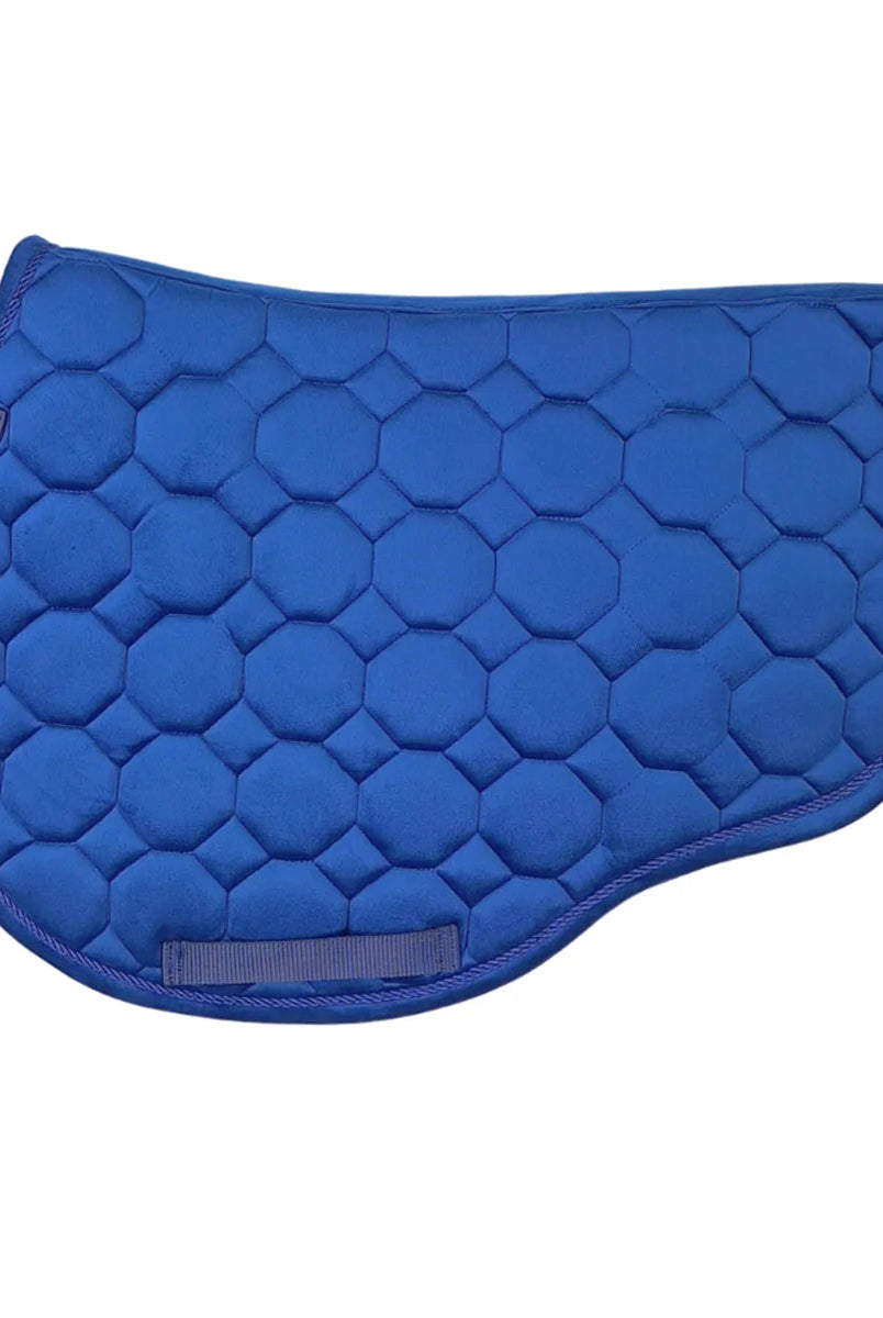 CAMEO Suede GP & Jump Saddlecloth in Navy showcasing the forward-cut silhouette, swan-neck high wither clearance, octagonal geometric quilting, and rope piping engineered for shock absorption, moisture-wicking comfort, and jump saddle stability.