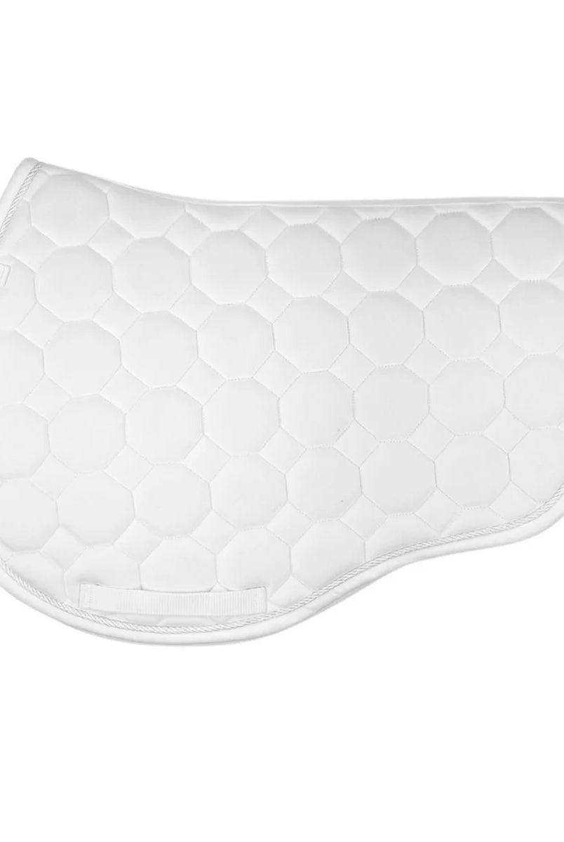 CAMEO Suede GP & Jump Saddlecloth in White showcasing the forward-cut silhouette, swan-neck high wither clearance, octagonal geometric quilting, and rope piping engineered for shock absorption, moisture-wicking comfort, and competition arena performance.