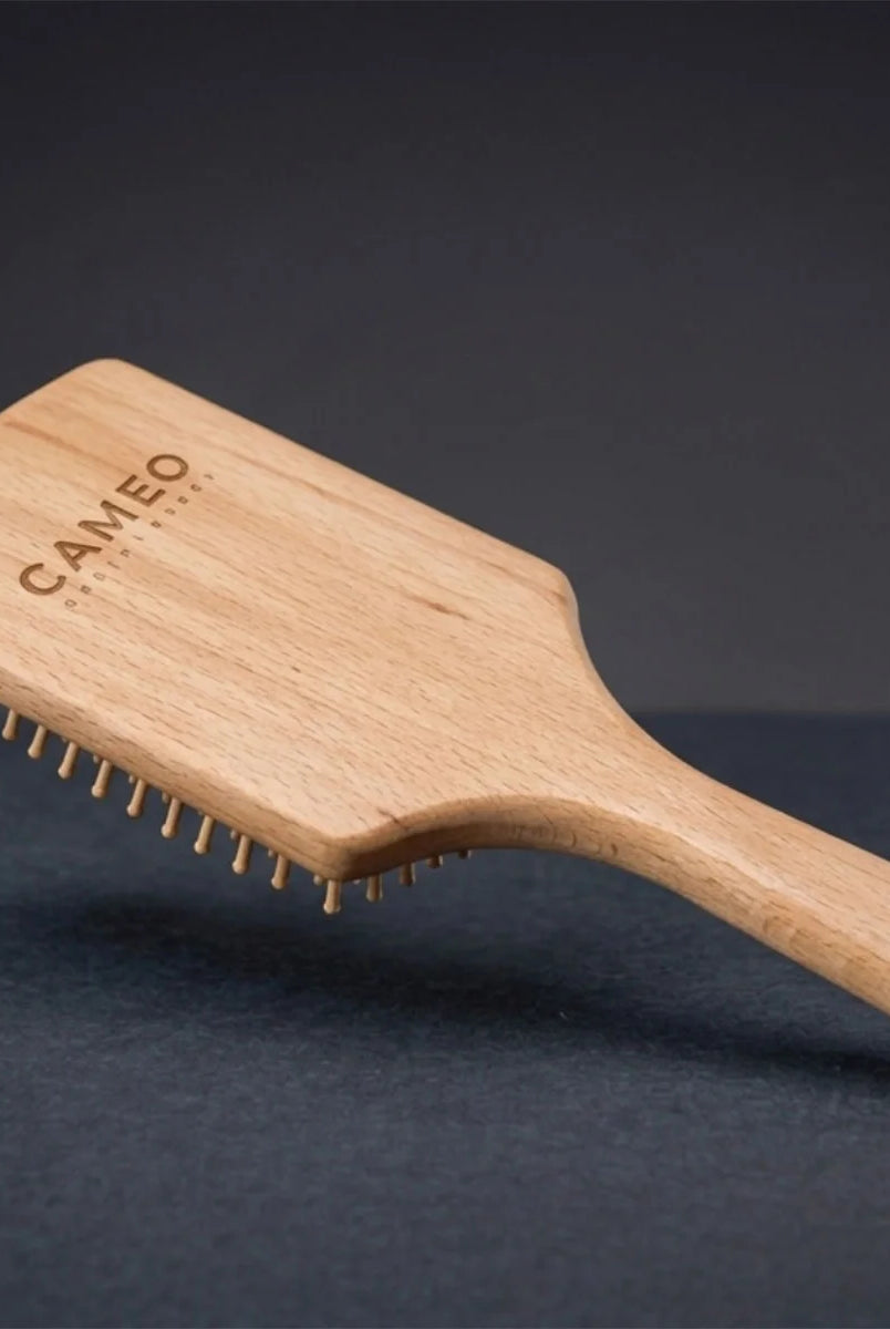 CAMEO The Artisan Mane & Tail Brush in Natural Wood on a studio background with smooth wooden pins for gentle detangling.