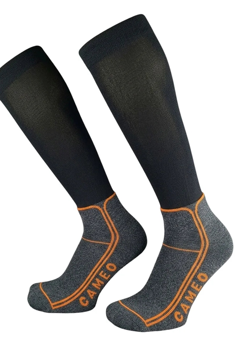 CAMEO Thinsulate Technical Riding Socks in Black showcasing an ultra-thin compression calf, heather grey cushioned footbed, and orange arch support lines engineered for thermal boot warmth, blister protection, and close-contact rider performance.