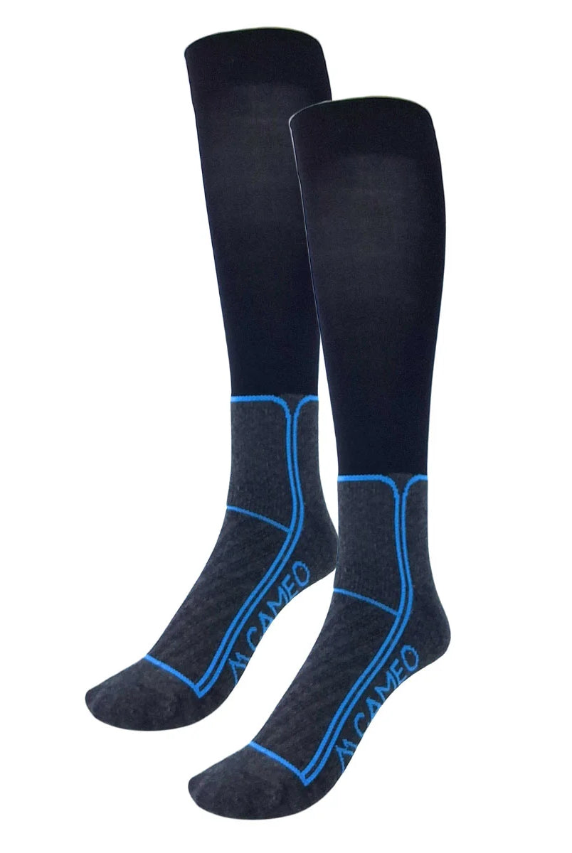 CAMEO Thinsulate Technical Riding Socks in Black showcasing an ultra-thin compression calf, dark grey cushioned footbed, and blue arch support lines engineered for thermal boot warmth, blister protection, and close-contact rider performance.
