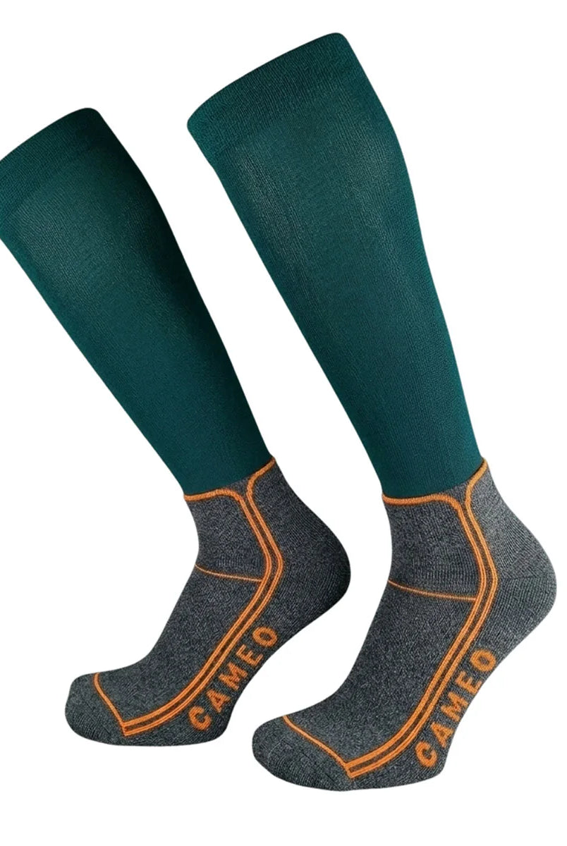 CAMEO Thinsulate Technical Riding Socks in Evergreen showcasing an ultra-thin compression calf, heather grey cushioned footbed, and orange arch support lines engineered for thermal boot warmth, blister protection, and close-contact rider performance.
