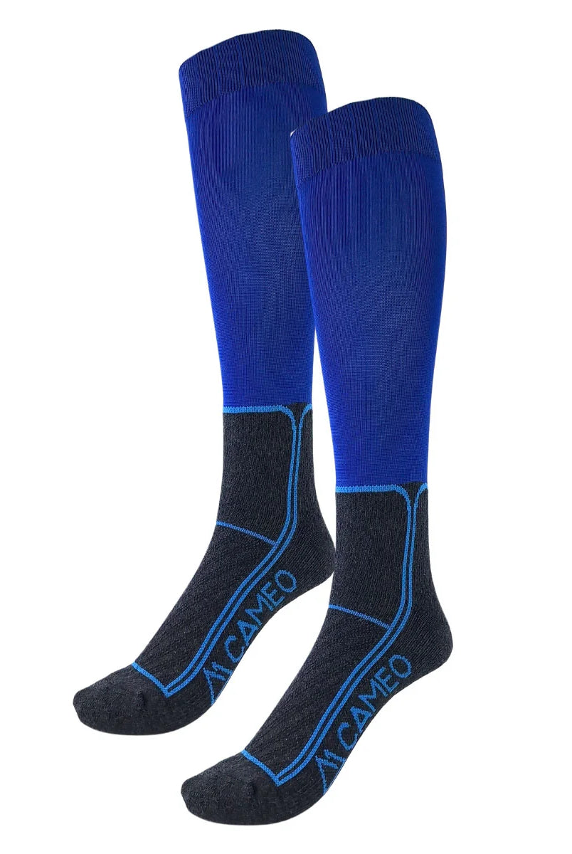 CAMEO Thinsulate Technical Riding Socks in Navy showcasing an ultra-thin compression calf, dark grey cushioned footbed, and cyan arch support lines engineered for thermal boot warmth, blister protection, and close-contact rider performance.