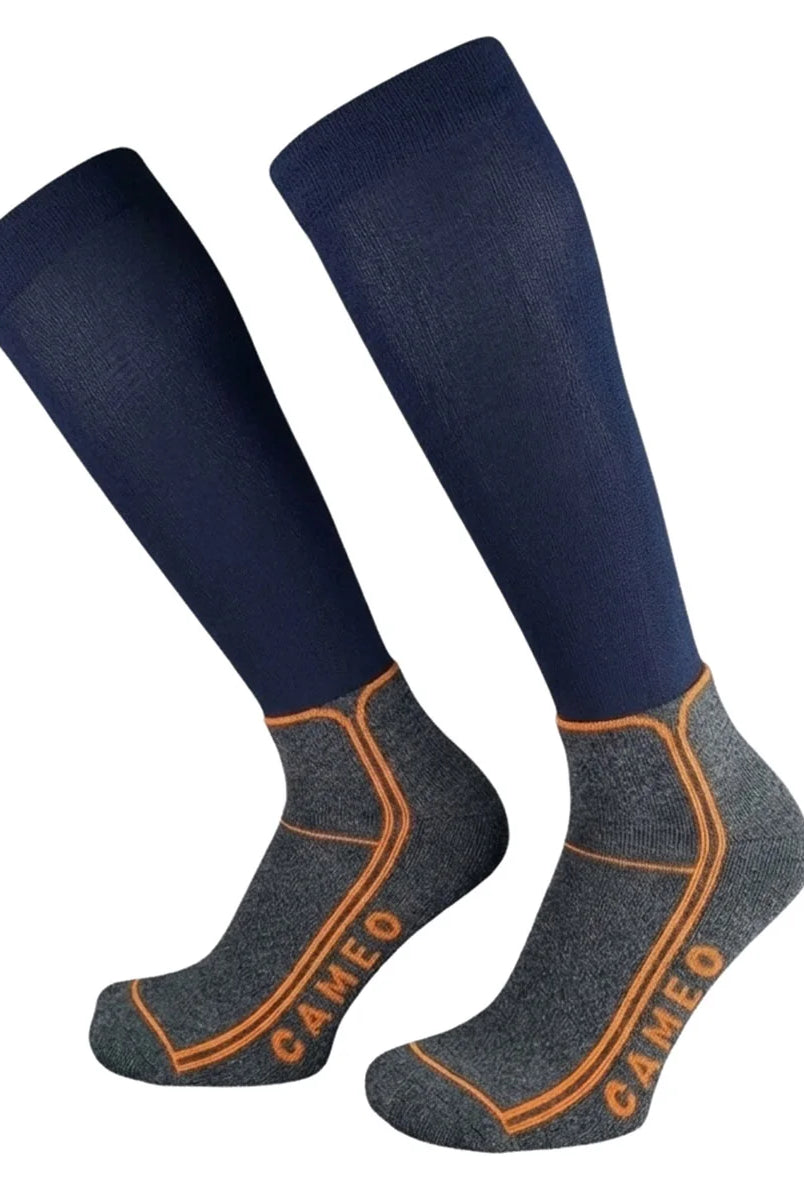 CAMEO Thinsulate Technical Riding Socks in Navy showcasing an ultra-thin compression calf, heather grey cushioned footbed, and orange arch support lines engineered for thermal boot warmth, blister protection, and close-contact rider performance.