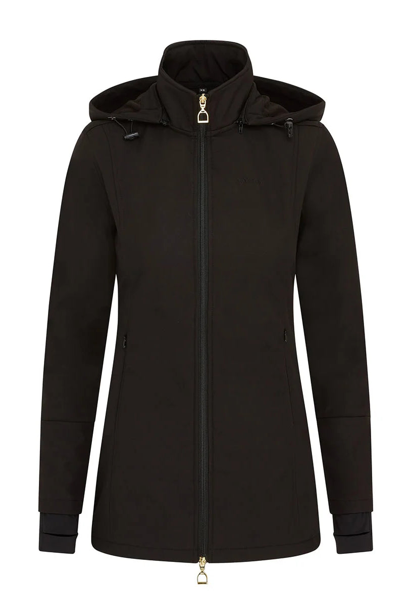 CAMEO Zenith Pro Ride Coat in Black seen from the front on a white background, showcasing the two-way stirrup zip, high fleece-lined storm collar, detachable bungee hood, and zip pockets engineered for waterproof warmth and comfort in the saddle.