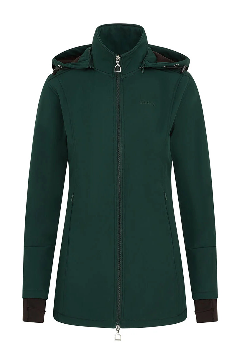 CAMEO Zenith Pro Ride Coat in EverGreen seen from the front on a white background, showcasing the two-way stirrup zip, high fleece-lined storm collar, detachable bungee hood, and zip pockets engineered for waterproof warmth and comfort in the saddle.