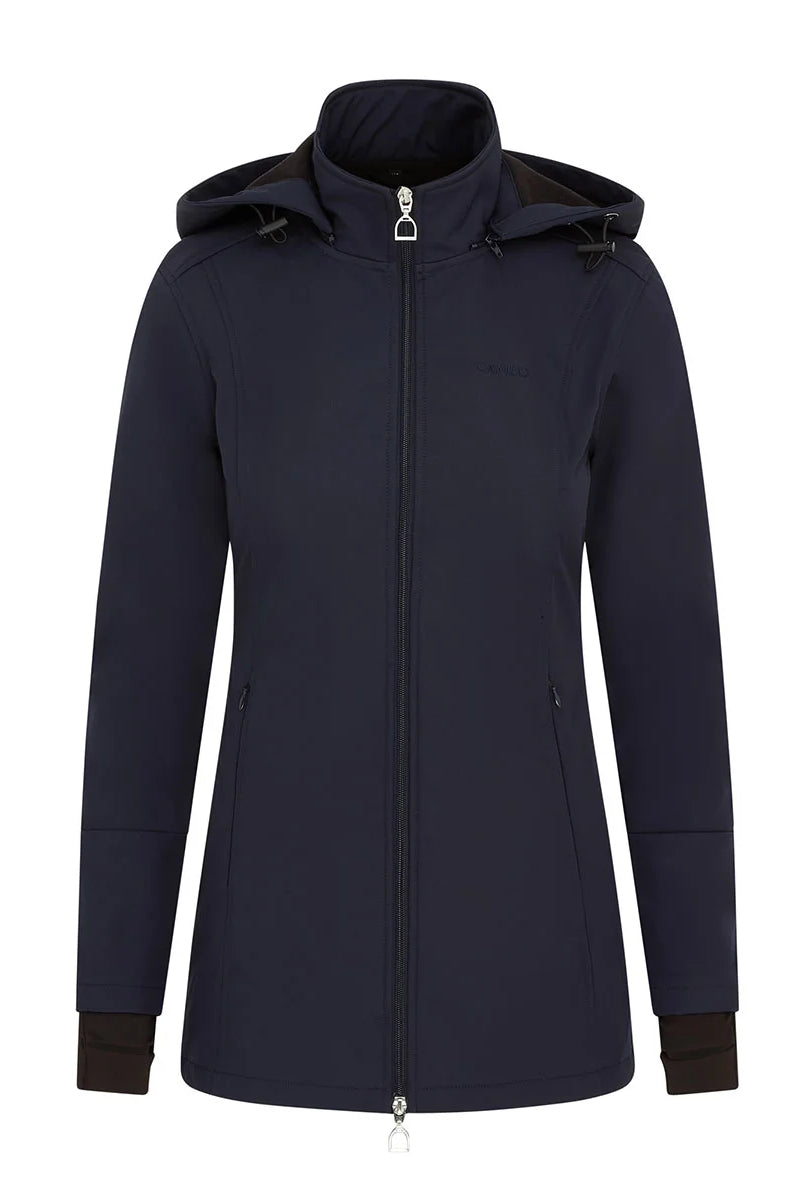 CAMEO Zenith Pro Ride Coat in Navy seen from the front on a white background, showcasing the two-way stirrup zip, high fleece-lined storm collar, detachable bungee hood, and zip pockets engineered for waterproof warmth and comfort in the saddle.