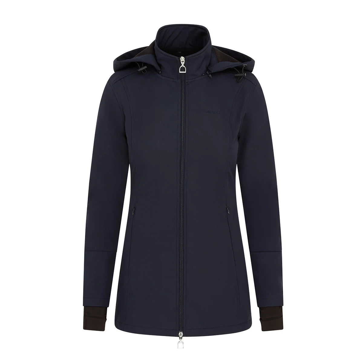 CAMEO Zenith Pro Ride Coat in Navy seen from the front on a white background, showcasing the two-way stirrup zip, high fleece-lined storm collar, detachable bungee hood, and zip pockets engineered for waterproof warmth and comfort in the saddle.