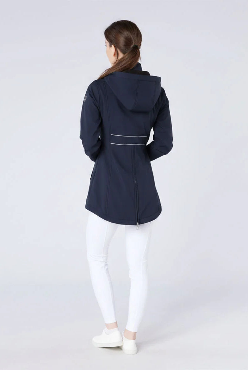 CAMEO Zenith Pro Ride Coat in Navy seen from behind on a studio model, showcasing the rear lumbar reflective safety piping, detachable storm hood, and full-length riding gusset zip engineered for visibility on road hacks and in-saddle freedom.