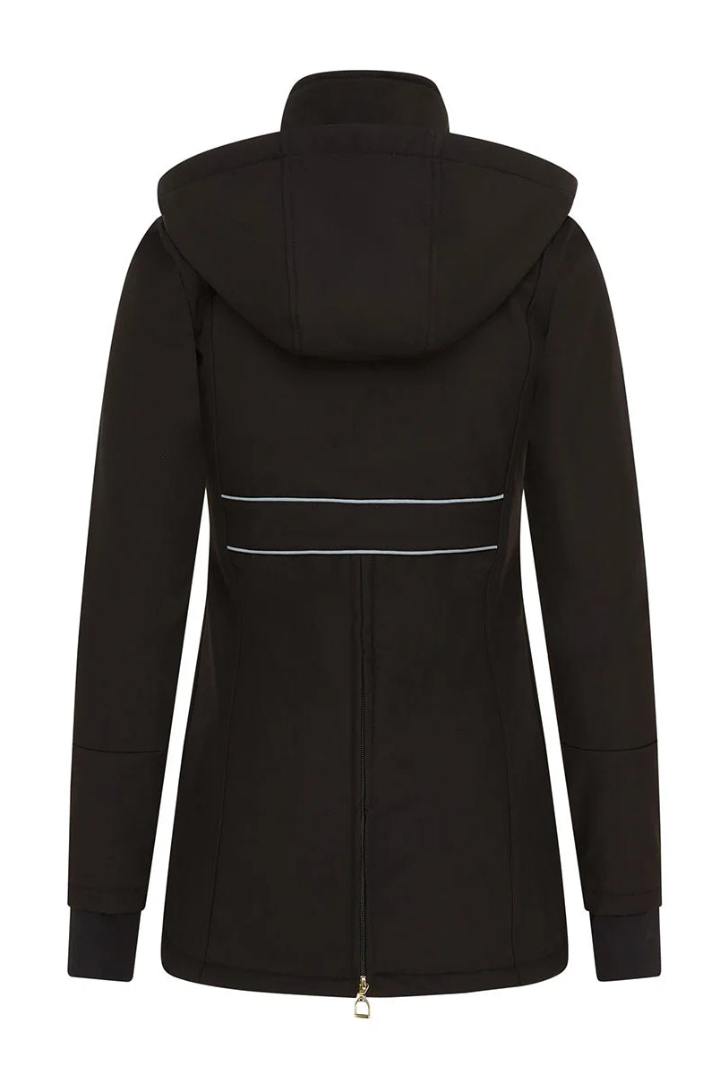 CAMEO Zenith Pro Ride Coat in Black seen from behind on a white background, showcasing the dual reflective lumbar safety strips, detachable storm hood, and full-length rear saddle gusset zip engineered for hacking visibility and in-saddle leg freedom.