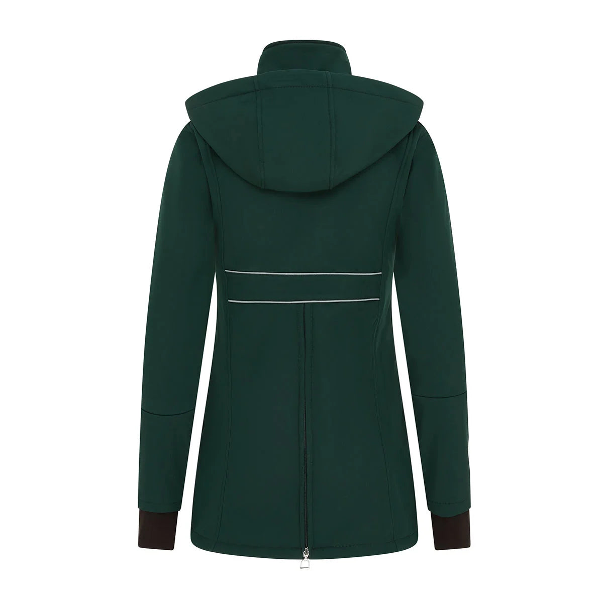 CAMEO Zenith Pro Ride Coat in EverGreen seen from behind on a white background, showcasing the dual reflective lumbar safety strips, detachable storm hood, and full-length rear saddle gusset zip engineered for hacking visibility and in-saddle leg freedom.