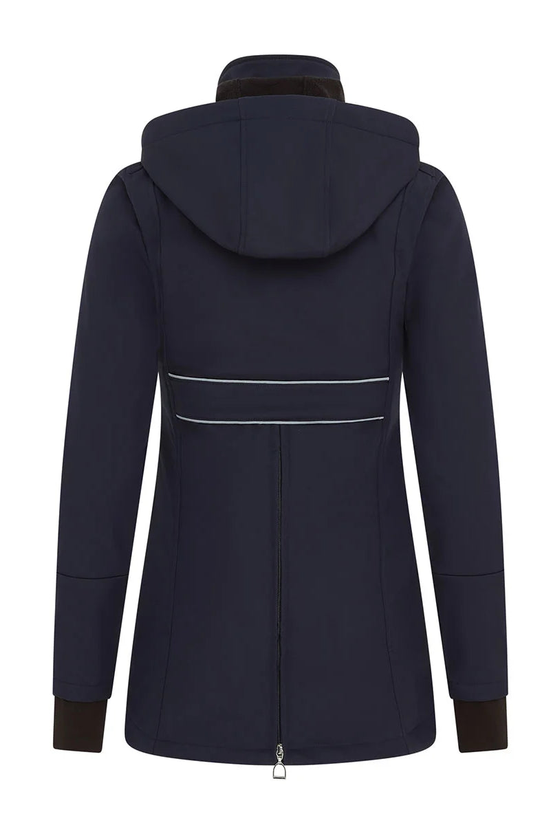 CAMEO Zenith Pro Ride Coat in Navy seen from behind on a white background, showcasing the dual reflective lumbar safety strips, detachable storm hood, and full-length rear saddle gusset zip engineered for hacking visibility and in-saddle leg freedom.