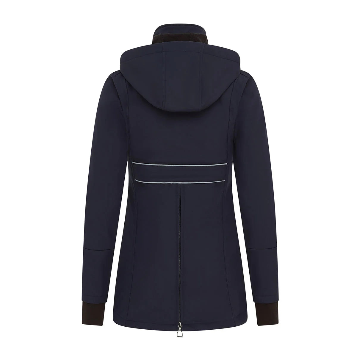 CAMEO Zenith Pro Ride Coat in Navy seen from behind on a white background, showcasing the dual reflective lumbar safety strips, detachable storm hood, and full-length rear saddle gusset zip engineered for hacking visibility and in-saddle leg freedom.