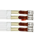 Three equestrian girth straps with leather ends on a white background