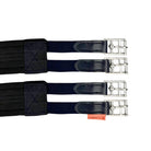 Three black shoulder straps with silver metal buckles and dark navy leather tabs, arranged vertically on a white background. A small orange tag with the brand name 'CAMEO' is visible near the bottom.
