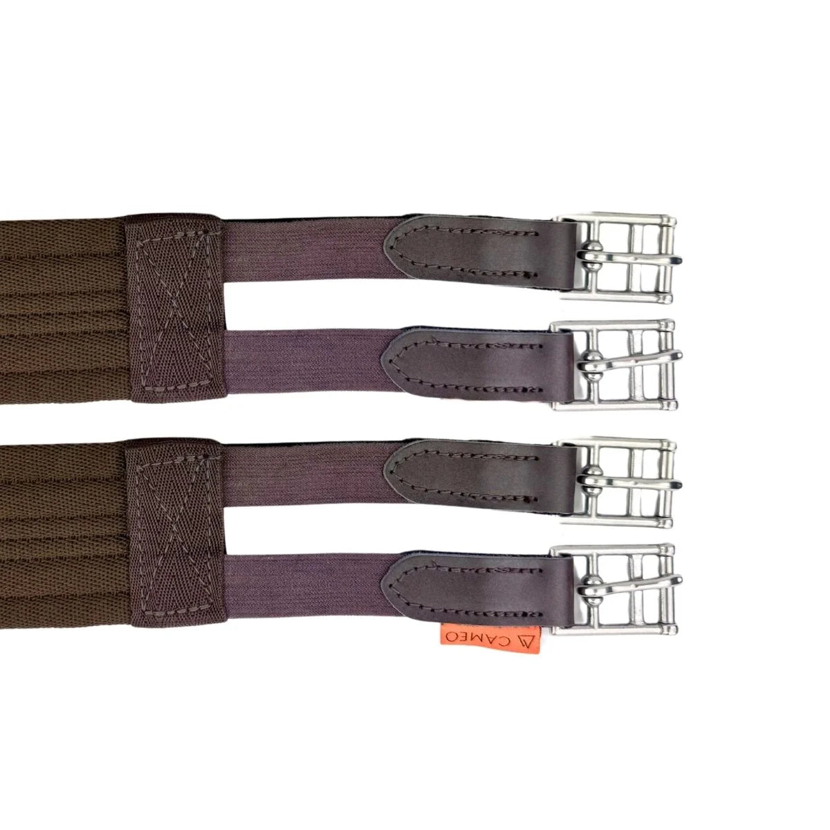 Three brown equestrian girth straps with silver buckles on a white background