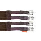 Three brown equestrian girth straps with silver buckles on a white background