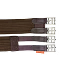 Three brown girth straps with silver buckles on a white background