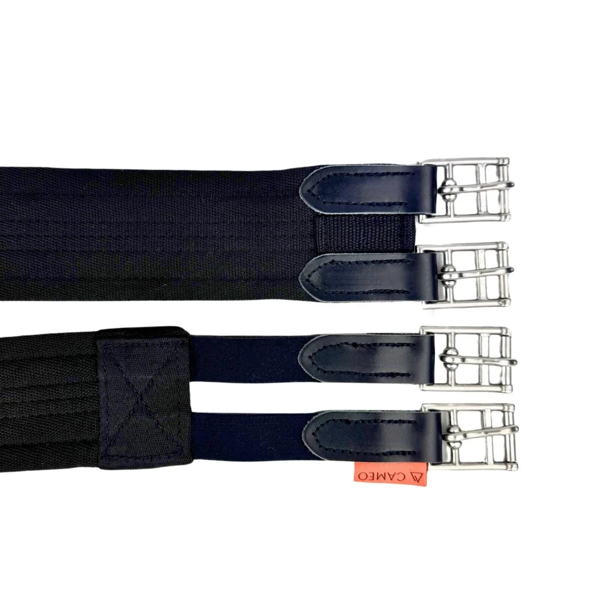 Two black canvas suspenders with dark blue leather tips and silver metal buckles, displayed on a white background. One has a silver buckle and the other has a black buckle, with a small orange tag reading 'CARGO' on the lower one.