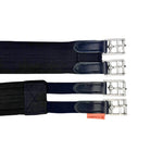 Two black canvas suspenders with dark blue leather tips and silver metal buckles, displayed on a white background. One has a silver buckle and the other has a black buckle, with a small orange tag reading 'CARGO' on the lower one.