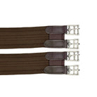Three brown equestrian girth straps with leather ends and metal hardware on a white background