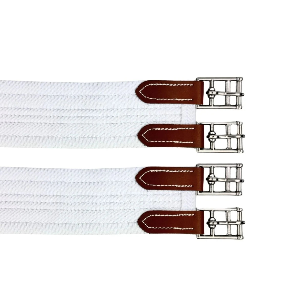 Three white straps with brown leather buckles on a white background